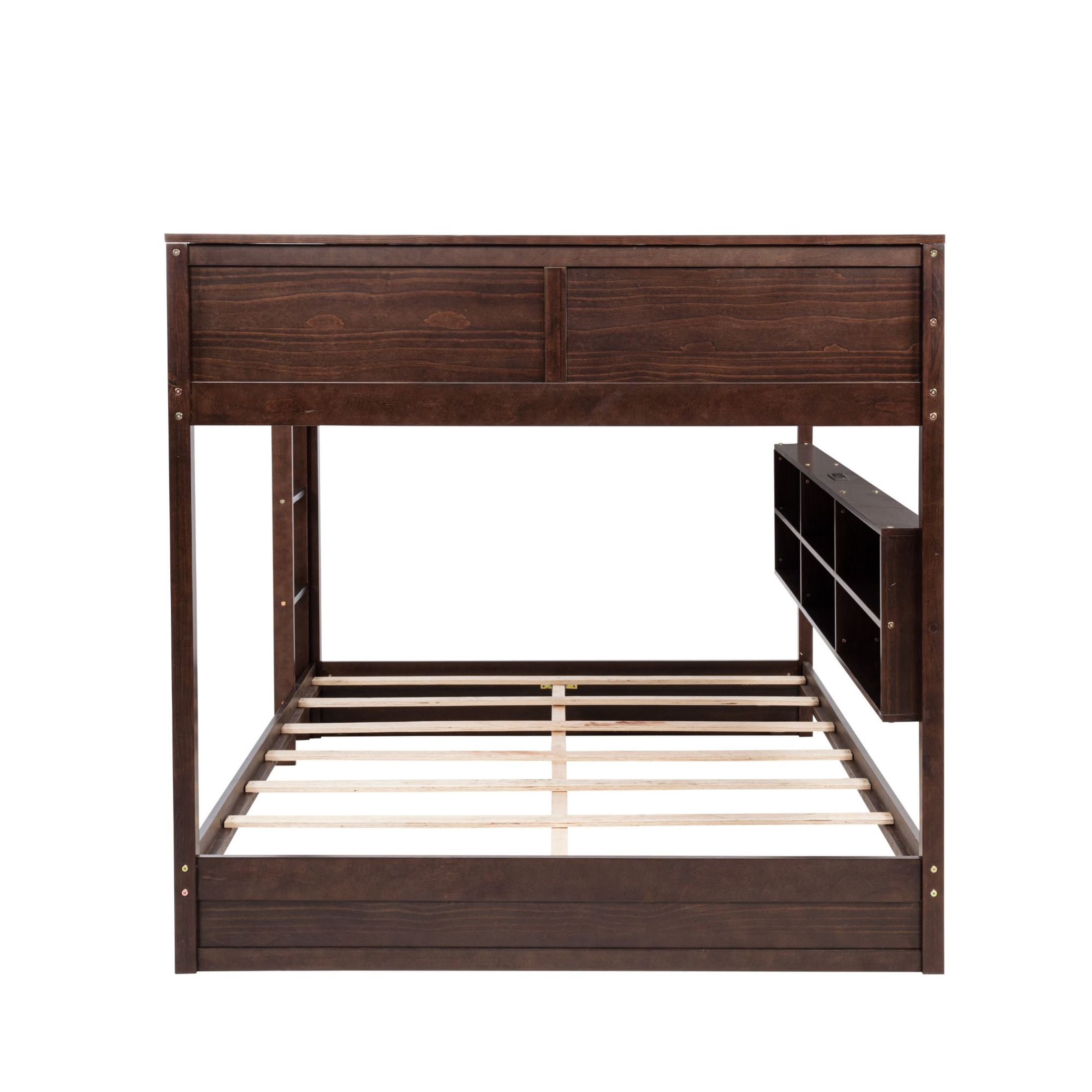 Noble House Queen Over Queen Bunk Bed, Solid Pine Wood Frame with Storage Cabinets and Charging Station, Brown