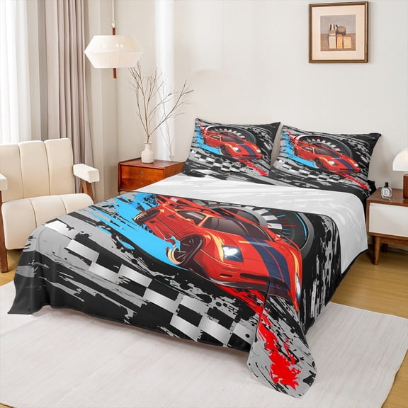 Feelyou Red Racing Car Full Size Sheets for Kids, Automobile Checkered Flag Bed Sheets, Extreme Sports Sheet Sets, Luxury Bedroom Decor, 4pcs