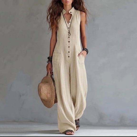Women's Cotton Breathable Casual Jumpsuit, V-Neck Sleeveless Button Front, Solid Color, Loose Fit, Elastic Waist Design, Versatile Work & Weekend Outings, Ladies Soft | VerBelle,Khaki L