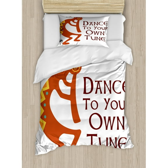 Kokopelli Duvet Cover Set, Abundance Fertility Tribal Cultural Persona Shepherds, Decorative 2 Piece Bedding Set with 1 Pillow Shams, Twin Size, Vermilion Shamrock Green, by Ambesonne