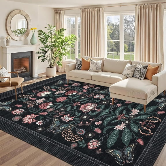 9x12 FT Vintage Area Rug Washable Non Slip Low Pile Living Room Black