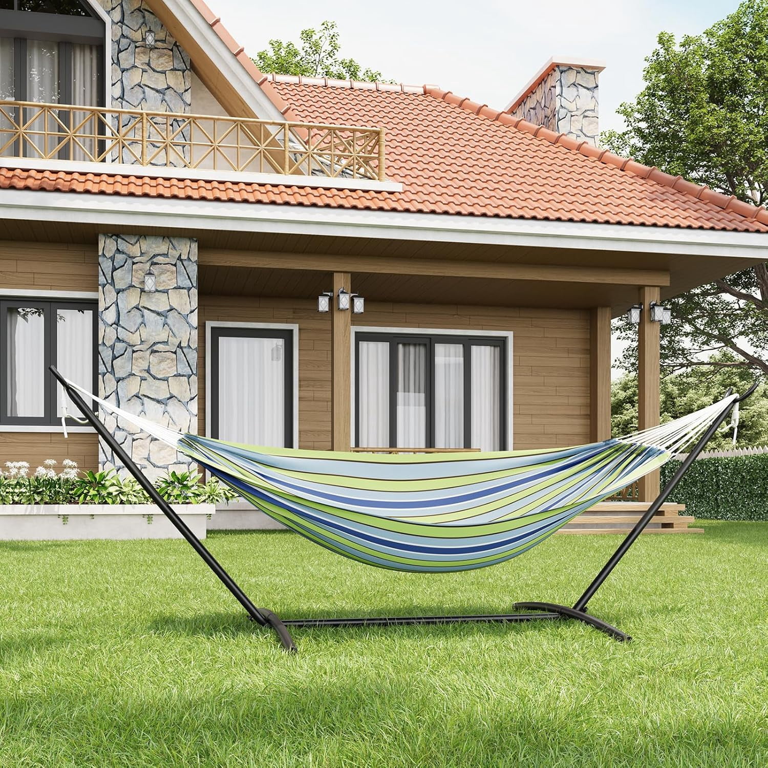 IdealHouse Double Hammock with Stand, 2 Person Cotton Rope Design, 450 Lbs Capacity, Includes Reversible Quilted Pad and Pillow, Hardwood Spreader Bars for Backyard Patio Outdoor