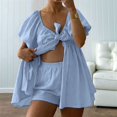 thumbnail image 5 of Women 2 Piece Short Sets Puff Short Sleeve V Neck Tie Front Tops Wide Leg Shorts Sets Blue S, 5 of 7