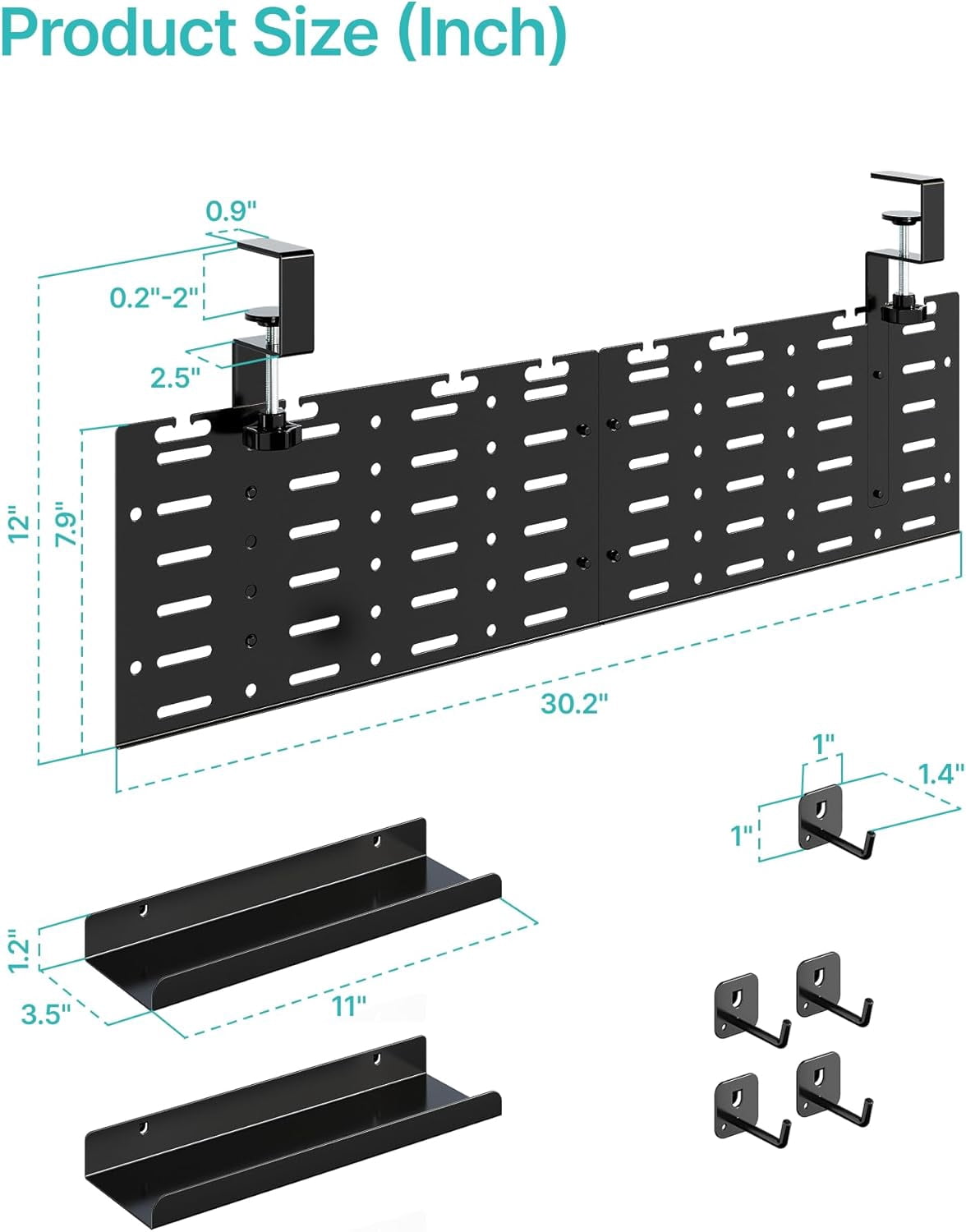 Under Desk Cable Management Tray, 30.2" Vertical Metal Pegboard Organizer for Power Strip, Cables, Clamp-On Cord Organizer Rack with Hooks, Trays & Cable Straps for Home Office, Black