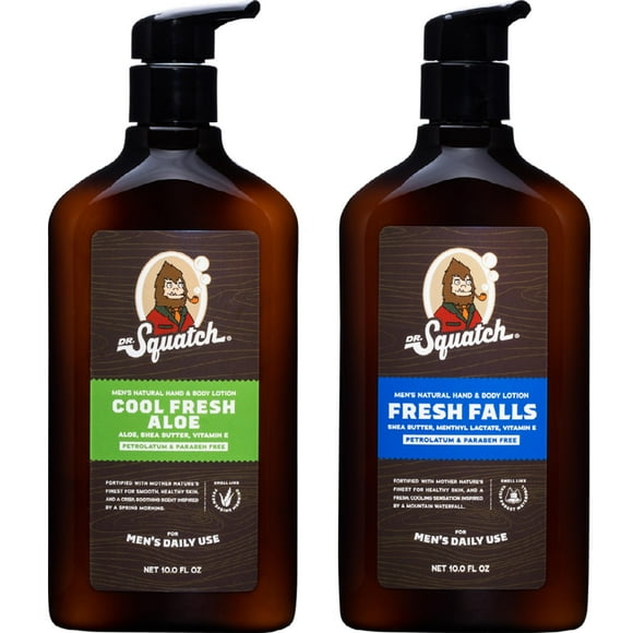 Dr. Squatch Men's Non-Greasy Natural Lotion - 24-hour moisturization hand and body lotion - Made with Shea Butter, Coconut Oil, and Vitamin E - Cool Fresh Aloe, Fresh Falls (2 Pack)