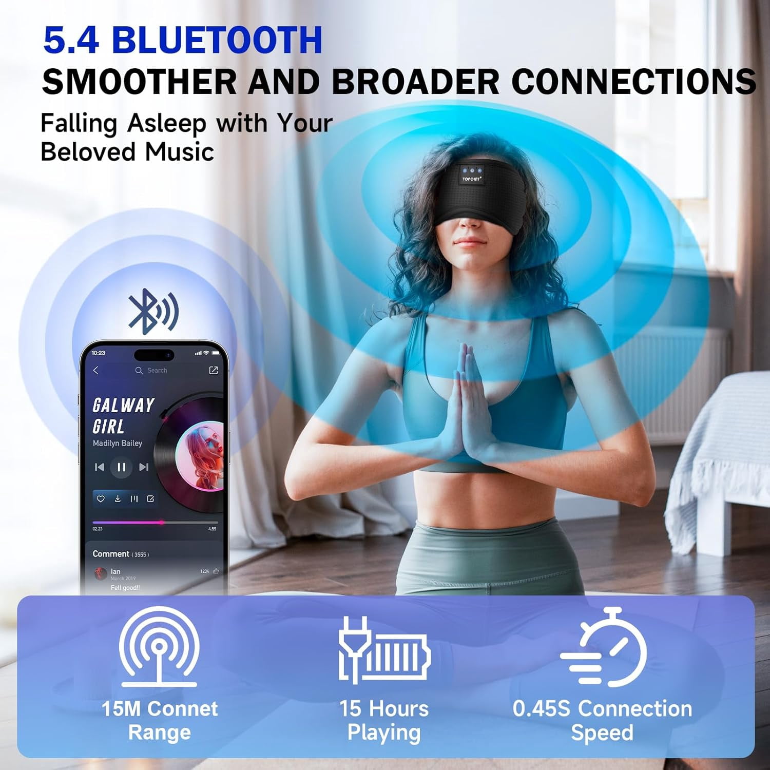 Sleep Mask, Bluetooth Eye Mask Bluetooth, TOPOINT Breathable Cotton Sleep Headphones for Sleeping Side Sleepers Travel Meditation Music Headsets with Microphone Handsfree Men Women, Black
