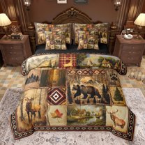 Feelyou 3D Bear Deer Bedding Comforter Set 7 Pieces for Men, Hippie Western Aztec Full Bedding Set, Rustic Wildlife Hunting Reversible Fitted Sheet Flat Sheet, Super Cozy Room Decor