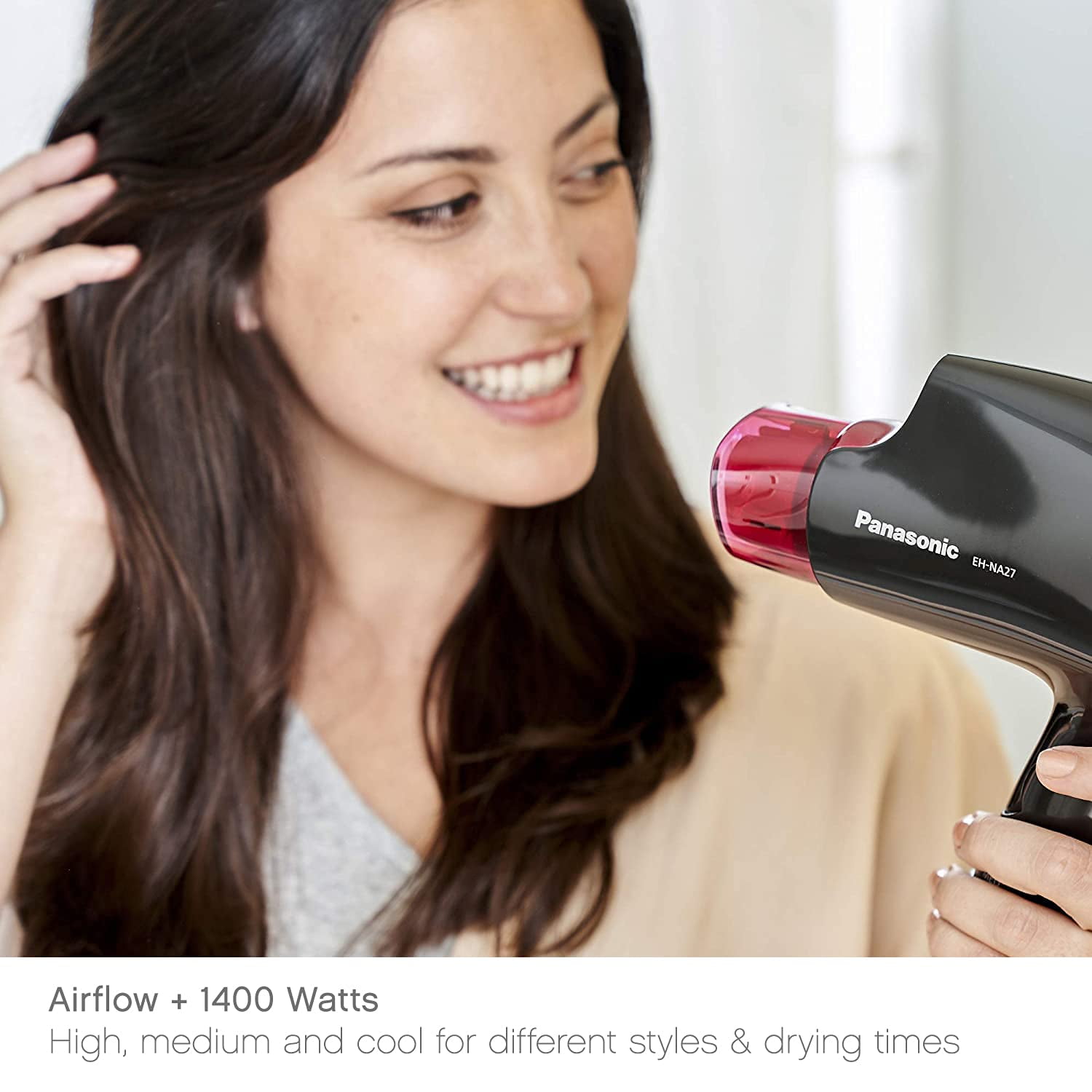 Panasonic nanoe Compact Hair Dryer for Healthy-Looking Hair, 1400W Portable Hair Dryer with Folding Handling and QuickDry Nozzle for Fast Drying - EH-NA27-K (Black/Pink)