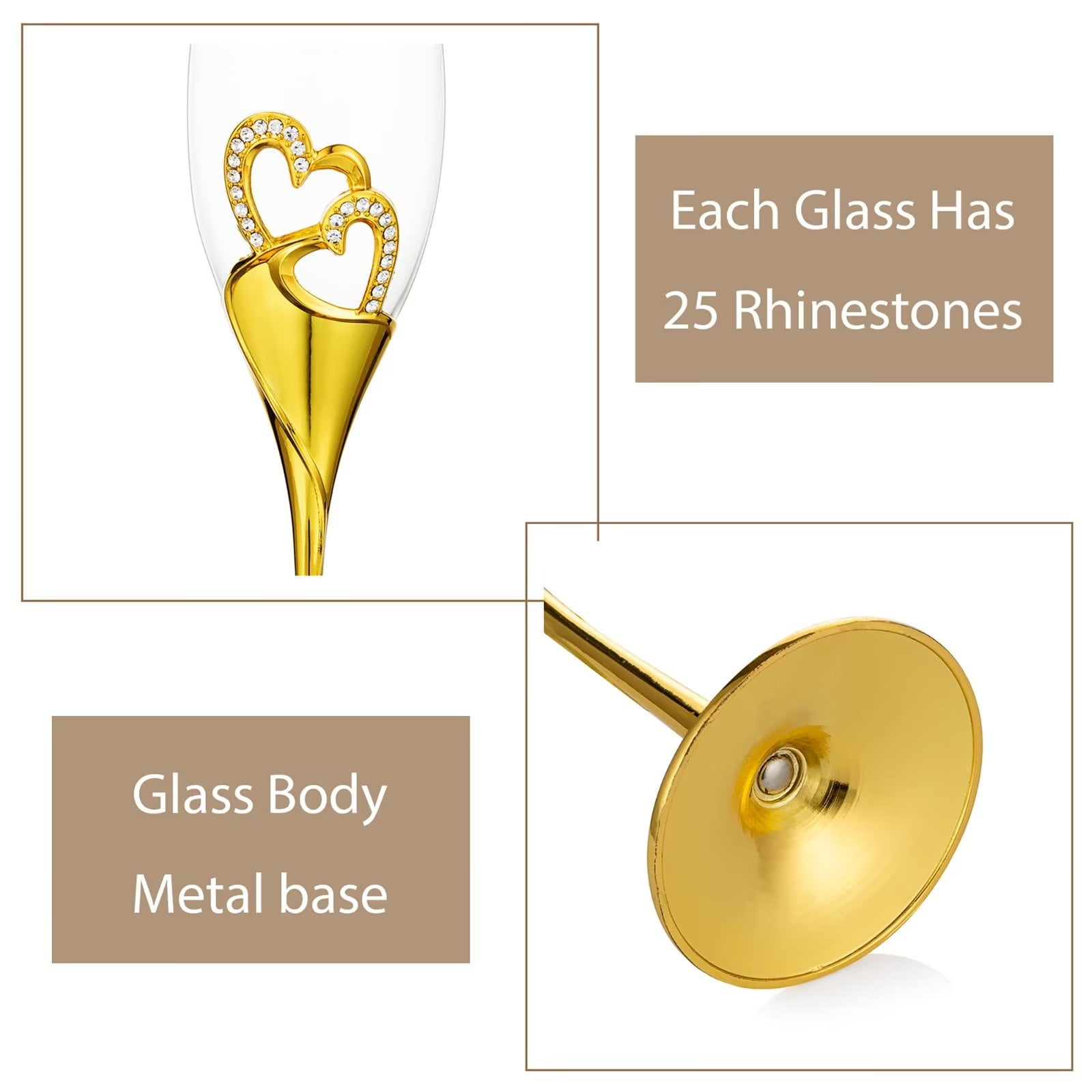 Glasseam Wedding Champagne Flutes Set of 2 Gold Toasting Glasses for Bride and Groom
