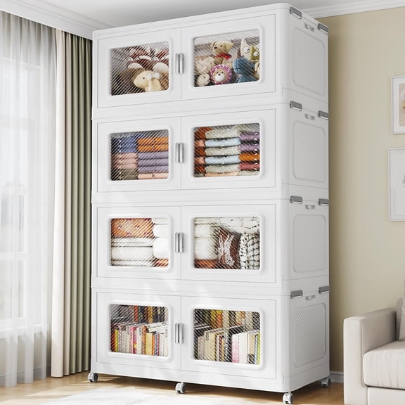 BROVIEW 300Gal Extra Large Storage Bins with Lid,1200Qt Plastic Stackable Storage Bins with Wheels, Collapsible Closet Organizer and Storage Drawers, Storage Cabinets for Home, Office, 4 Pack, White