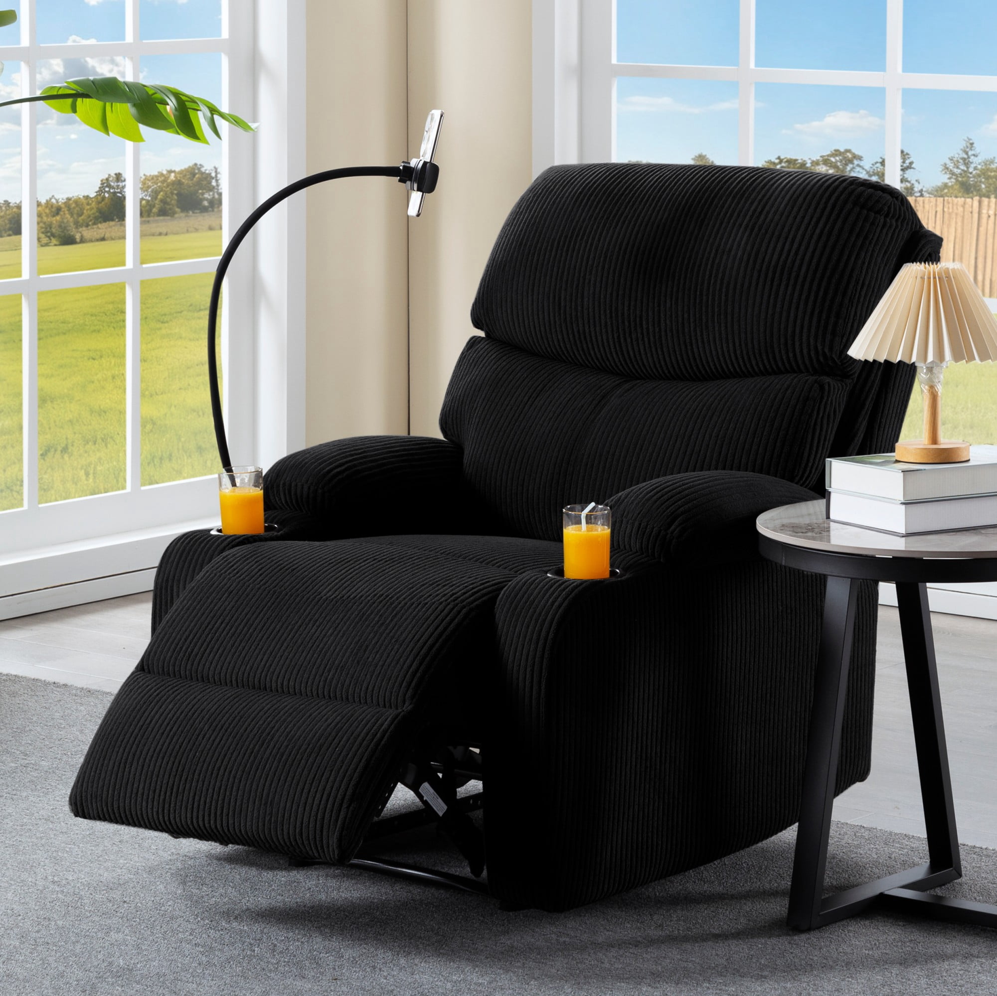 Gewnee Black Corduroy Manual Recliner Chair - Solid Wood Frame with Phone Holder & Cup Holders, Ergonomic Backrest for Living Room Bedroom Office