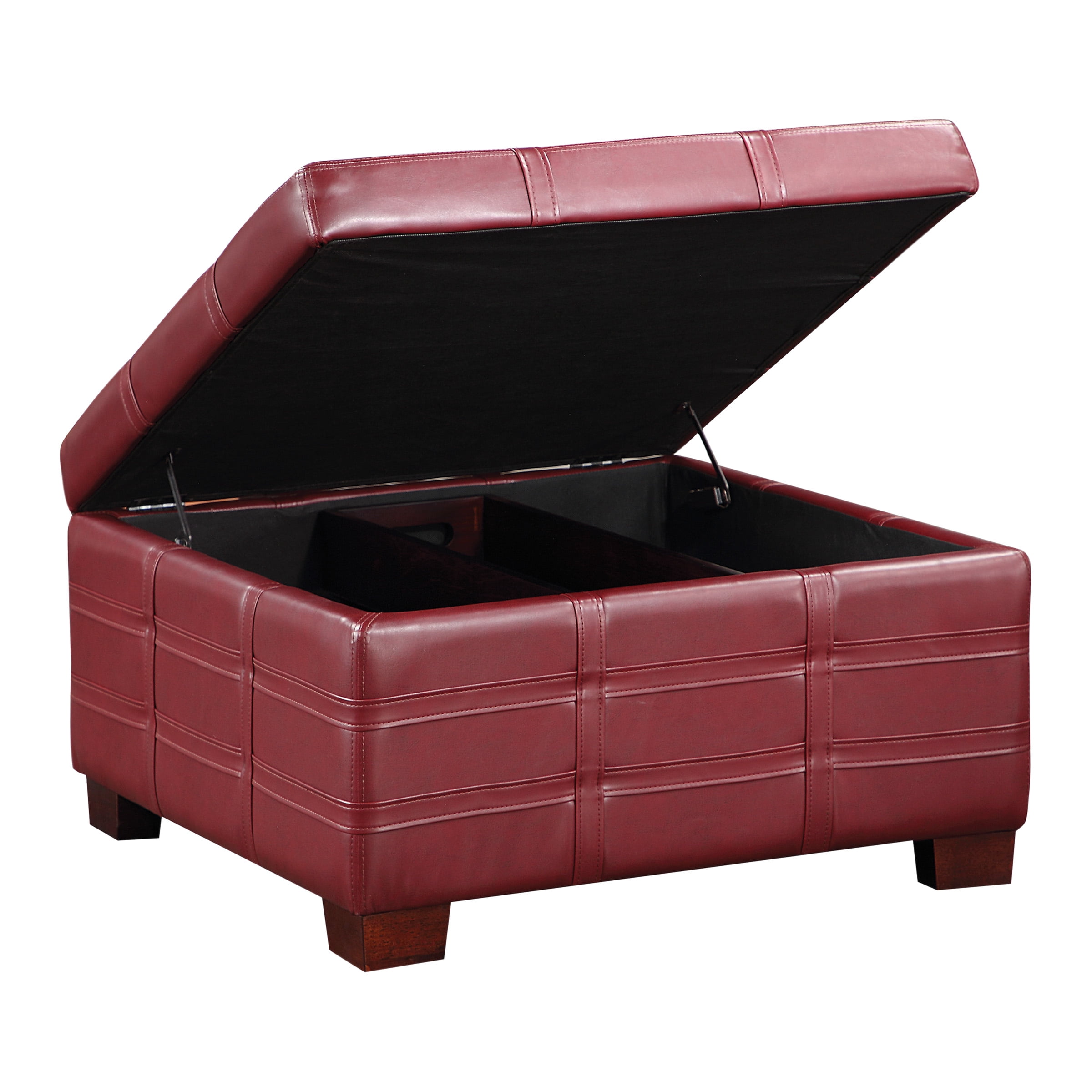 Detour Strap Square Storage Ottoman in Crimson Red Faux Leather