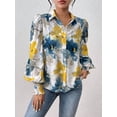 thumbnail image 6 of Women'S Floral Dressy Casual V Neck Button Down Shirts Lantern Long Sleeve Boho Chiffon Fall Tops Blue & Yellow S, 6 of 8