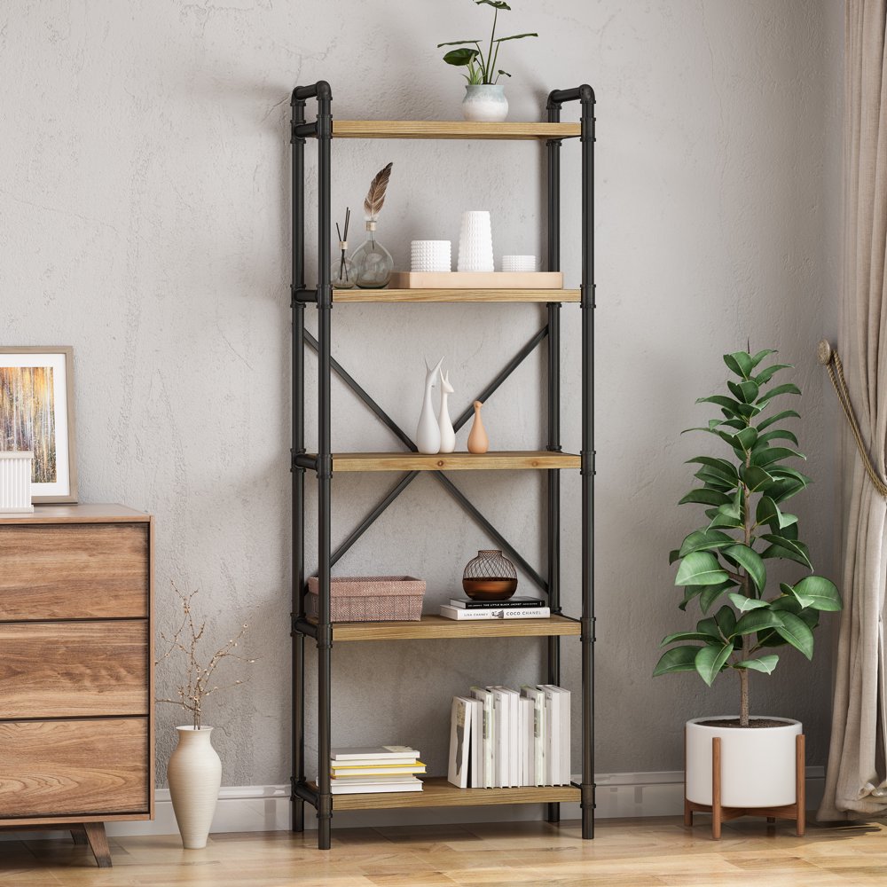 Noble House Wynter Industrial 5 Shelf Firwood Bookcase, Black and ...