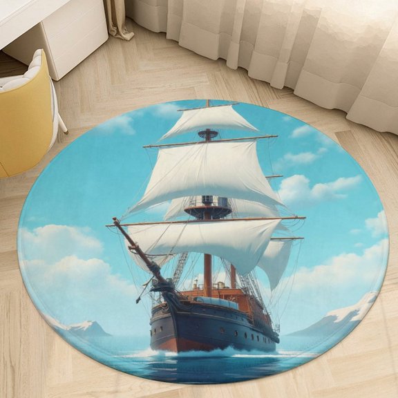 Sailing Ship in Arctic Waters Round Area Rugs for Bedroom Living Room, 3FT Soft Indoor Circle Carpets, Carpet Home Decor Floor Mat