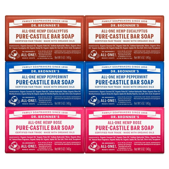 Dr. Bronner's - Savon en Barre Pur-Castile (Pack Cadeau Varié de 5 Onces) Eucalyptus, Menthe Poivrée, Rose - Fabriqué avec des Huiles Biologiques, pour Visage, Corps et Cheveux, Doux et Hydratant
