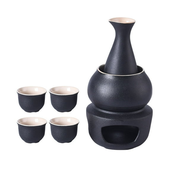 Japanese Sake Set with Warmer Ceramic Cups, Traditional Sake Serving Set Black Glaze Texture Handmade Wine Glasses for Cold/Hot/Shochu/Tea Family and Friends