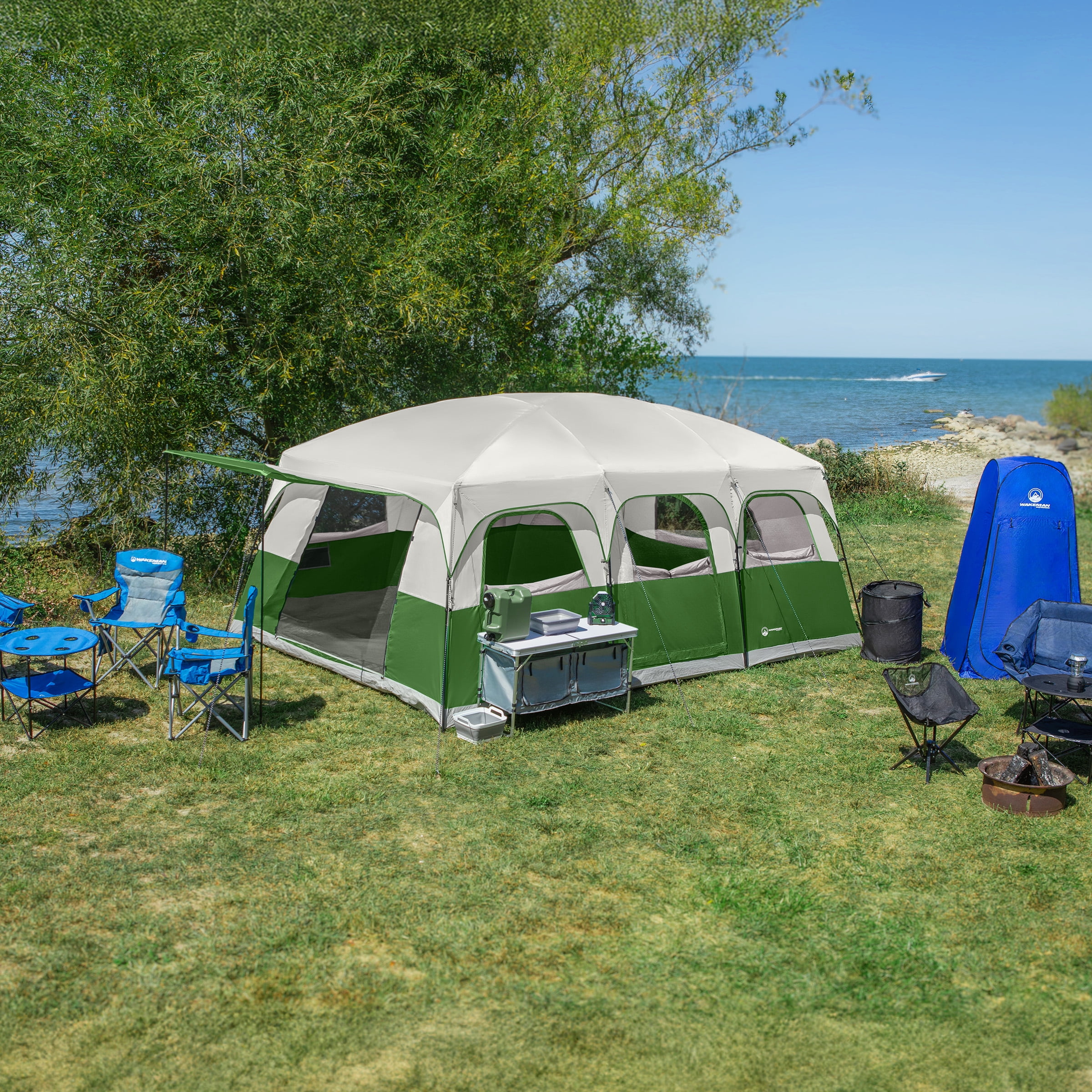 Wakeman Outdoors 12 Person Large Camping Tent - Tall Family Cabin Shelter with Room Dividers, Green