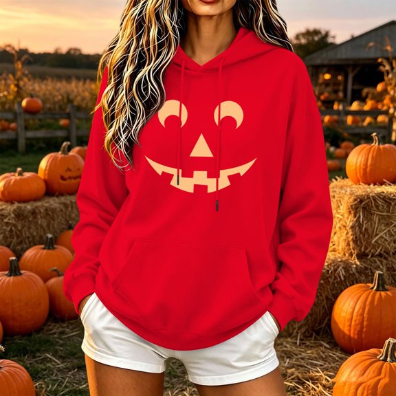 Women's Halloween Hoodie Funny Jack-O-Lantern Graphic Sweatshirt Cute Pumpkin Face Pullover Long Sleeve Hooded Fall Tops with Kangaroo Pocket Casual Loose Fit
