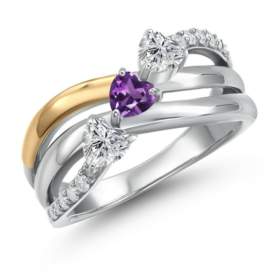 Gem Stone King 925 Silver and 10K Yellow Gold Lab Grown Diamond and Purple Amethyst and Lab Grown Diamond Engagement Ring for Women | 0.92 Cttw | Heart Shape Gemstone April Birthstone | Size 5