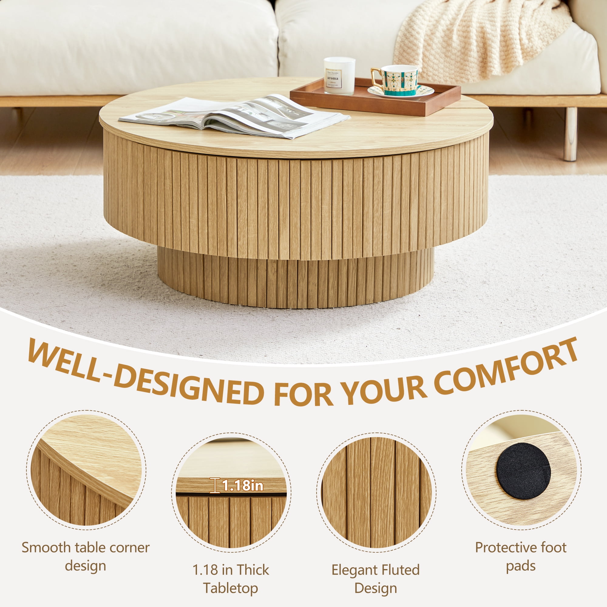 PHOYAL 4 in 1 Fluted Round Coffee Table with Flip Top and Lift Top, Round Coffee Table with Hidden Compartments Storage for Living Room, Natural