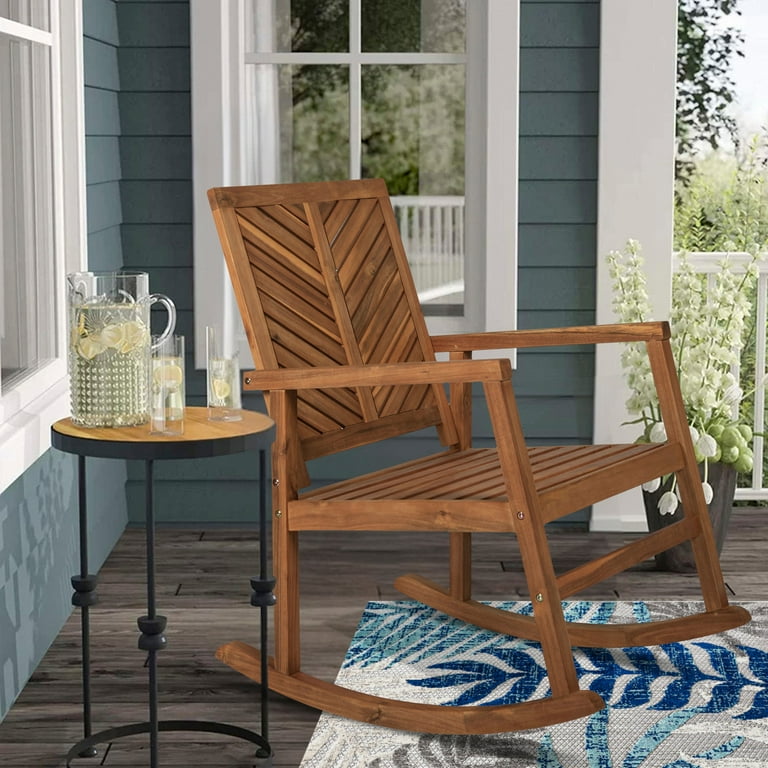Ned Modern Chevron Back 300 Lbs Support Acacia Wood Patio Outdoor Rocking Chair Teak