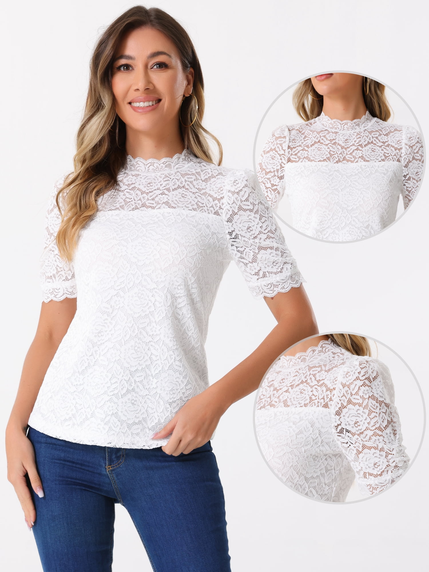 DARING DIVA Women's Lace Tops Mock Neck Puff Short Sleeve Floral Blouses XL White