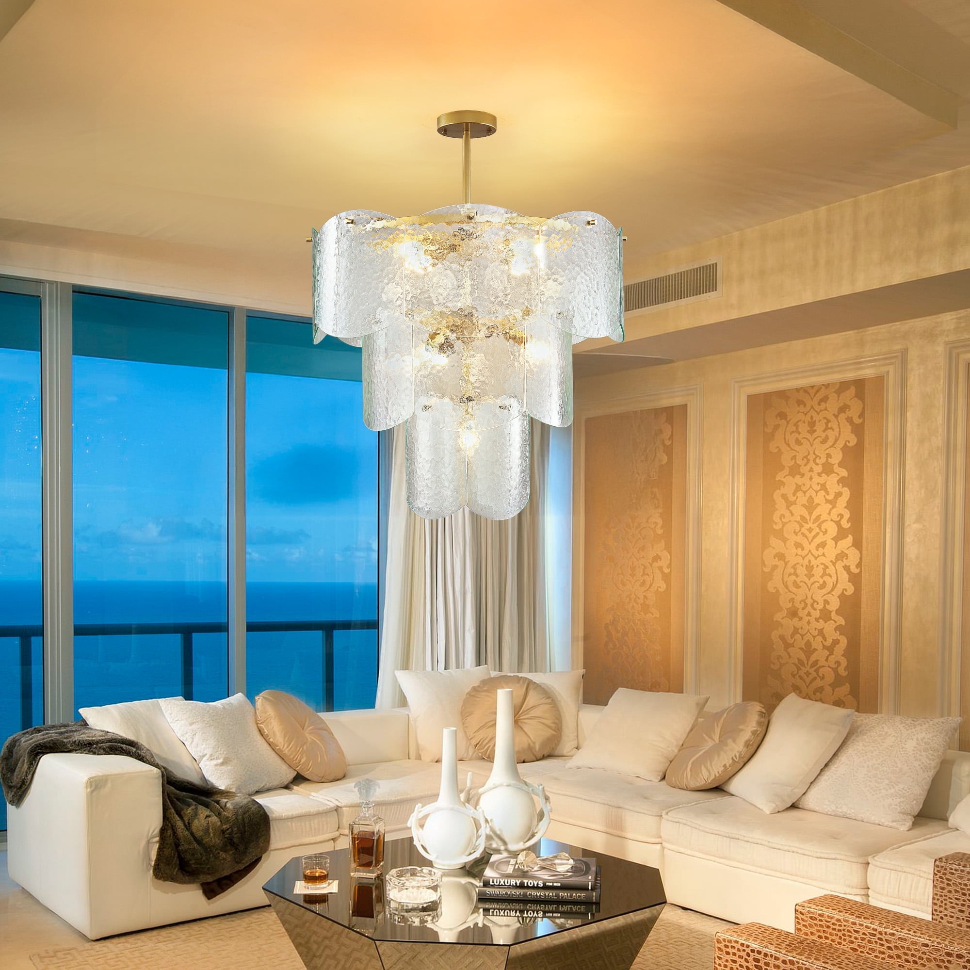 LovingAHome 3-Layer Gold Crystal Chandeliers Glass Chandelier 8-Light Modern Ceiling Light Fixtures for Living Room Bedroom Dining Foyer