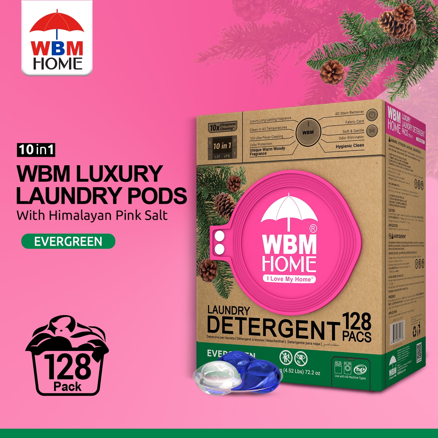 WBM HOME Laundry Detergent Pods, Liquid, Evergreen Scent, Ultra-Concentrated, 128 Count