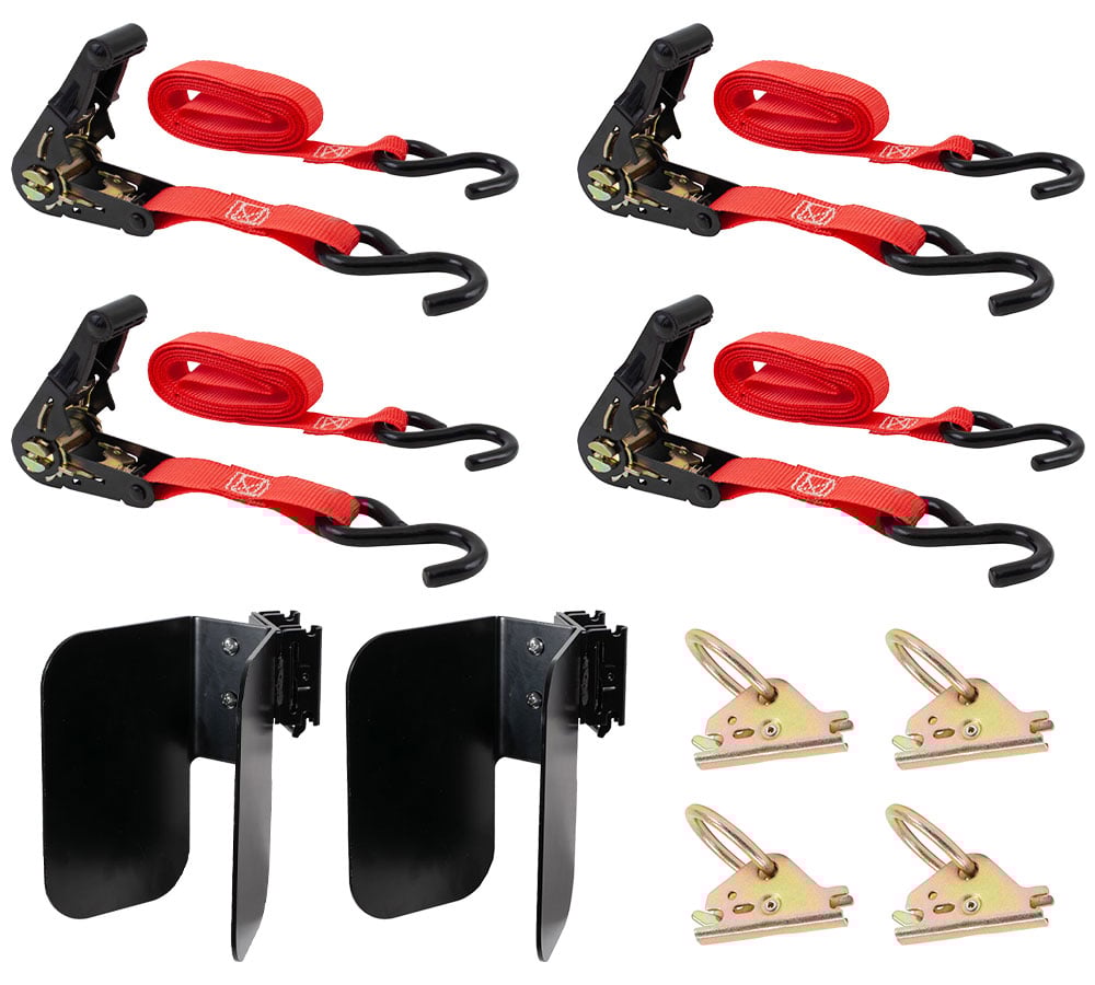 Motorcycle E-Track Tie Down Kit with 1″ x 10′ Ratchet Strap, 2″ O-Ring Fitting & Wall-Mount Wheel Chock for 7″ Tires