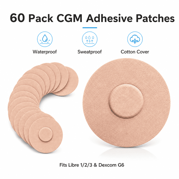 60 Pcs CGM Sensor Adhesive Patches, Waterproof Cotton Overpatch, Breathable Stickers for Sports Shower