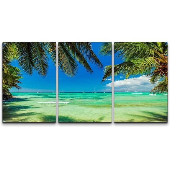 wall26 Canvas Print Wall Art Set Palm Tree Teal Ocean Sea Horizon Beach Nature Wilderness Photography Realism Rustic Landscape Colorful for Living Room, Bedroom, Office - 24"x36" x 3