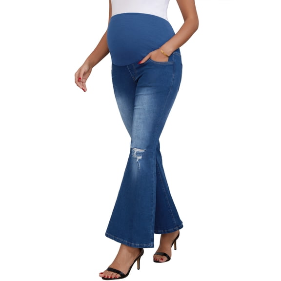 DARING DIVA Women's Maternity Flare Ripped High Stretchy Denim Jeans S Blue