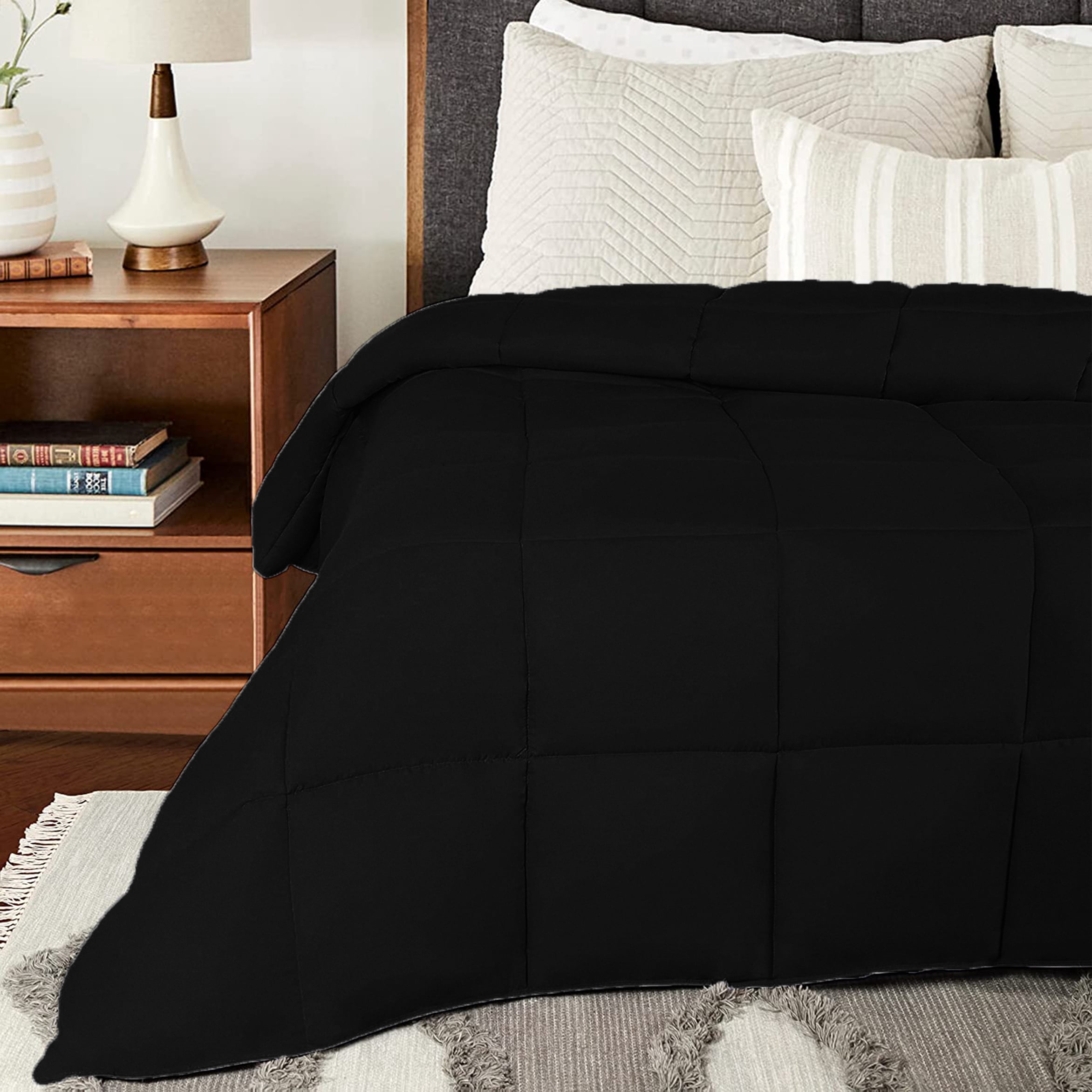 EASYCOT Luxurious Feather Down Alternative Comforter, Hotel Collection Duvet Insert Comforter for All Season,100% Soft Egyptian Cotton Shell with Corner Tabs 400 GSM Black , California King