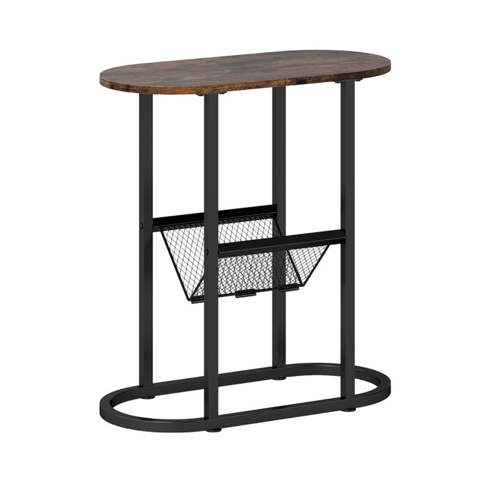 Furnibear Narrow Oval End Table with Mesh Storage Shelf and Steel Frame for Small Spaces Bedside and Sofa Living Room, Rustic Brown