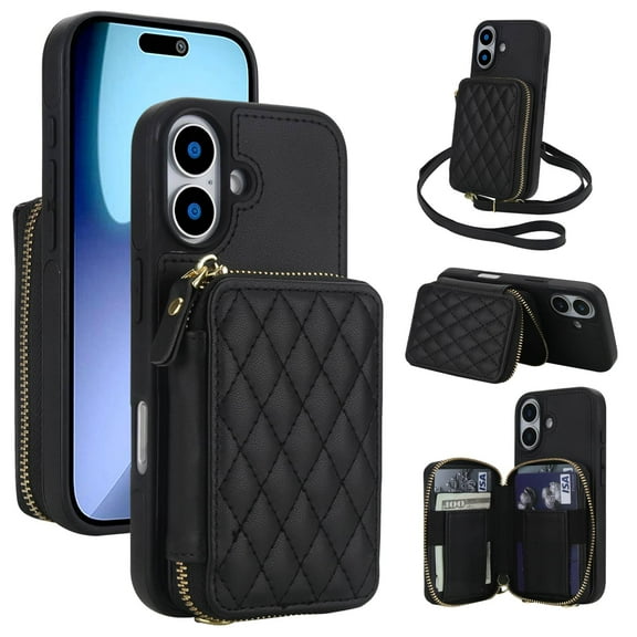 Crossbody Wallet Case for iPhone 17, RFID Blocking Zipper Handbag Purse Flip Cover, Kickstand Folio Case Card Slots Holder Wrist Strap Lanyard