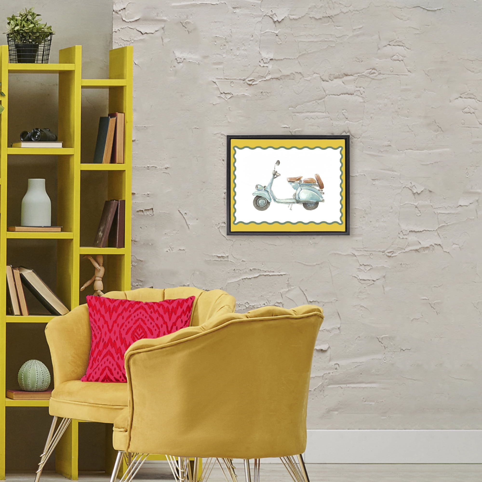 Stupell Industries Blue Vespa with Yellow Border Black Framed Floater Canvas Wall Art, design by Lanie Loreth