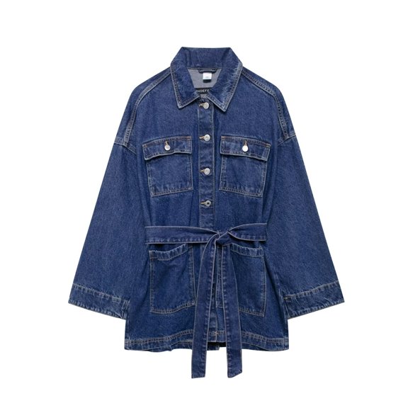 Woman's Jean Button Up Long Sleeves Washed Casual Denim Jacket