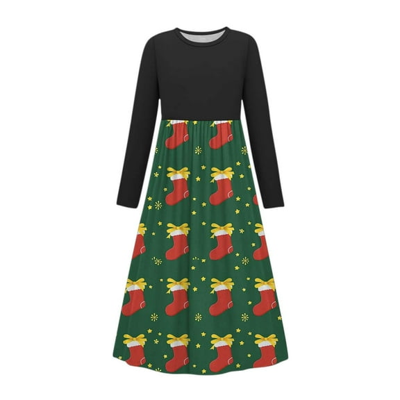 Girls Maxi Long Print Dresses for Girl Long Sleeve Crewneck Spandex Happy Festival Christmas Casual Fall Summer Dresses 2025 Soft Comfy Clothing Y2K