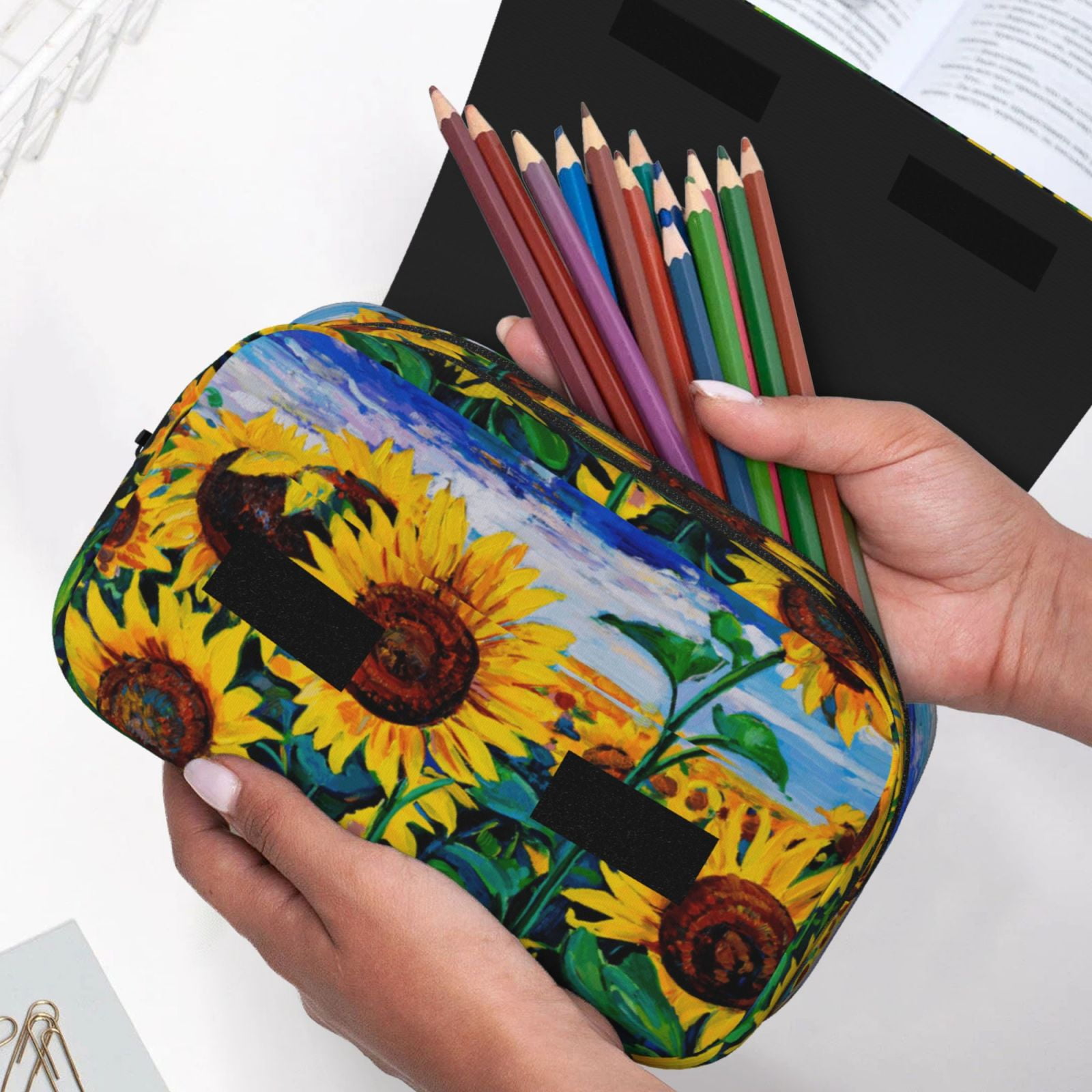 Rateoe Landscape With Sunflowers Pattern Double Clamshell Pen Case, Storage Organizer with Two Zipper Compartments– Holds Up to 50 Pencils & Pens