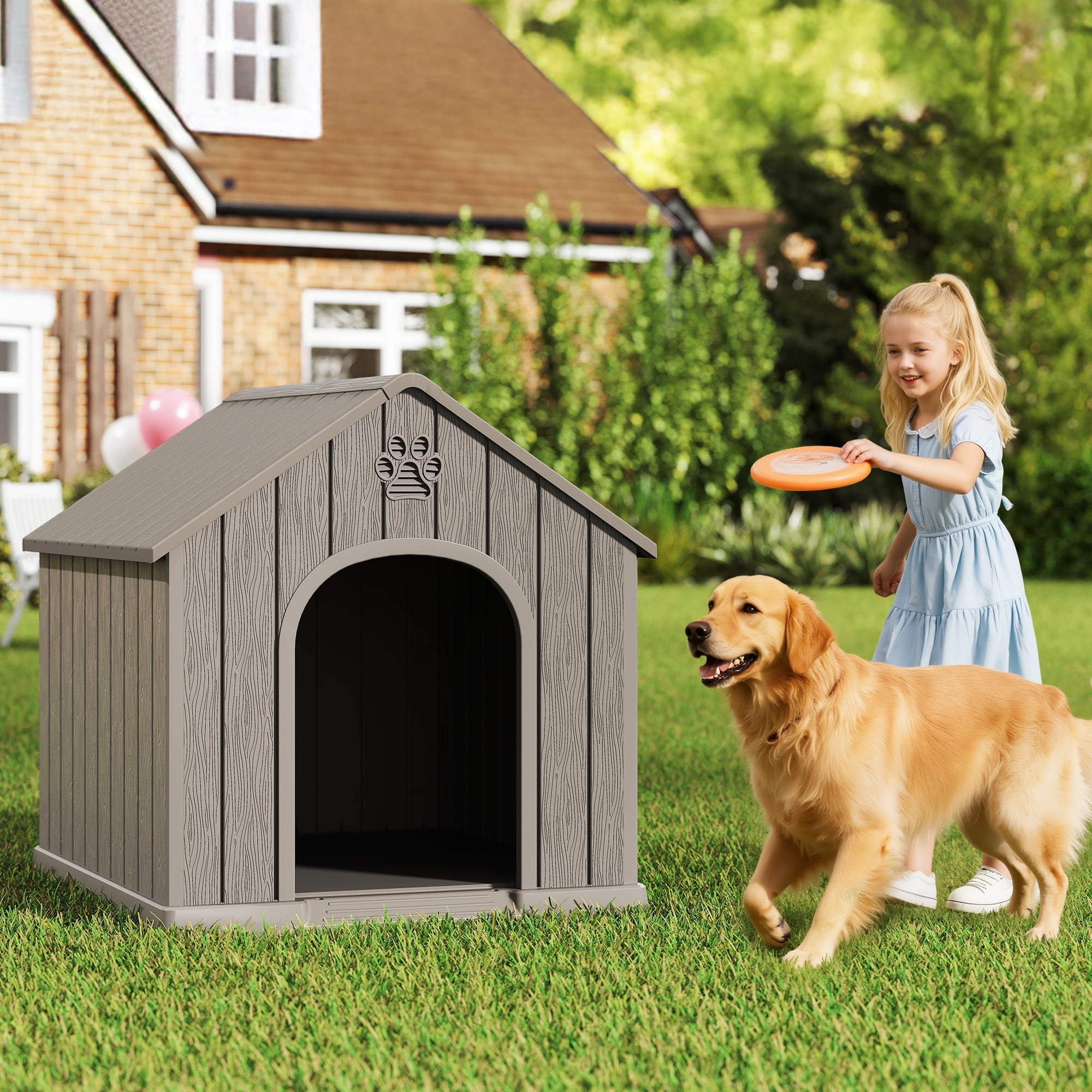 LHBcraft Large Dog House for Medium Large Dogs,Durable PP Waterproof Dog Shelter with Air Vents & Elevated Floor,Easy Clean and Assemble for Outdoor & Indoor,Gray