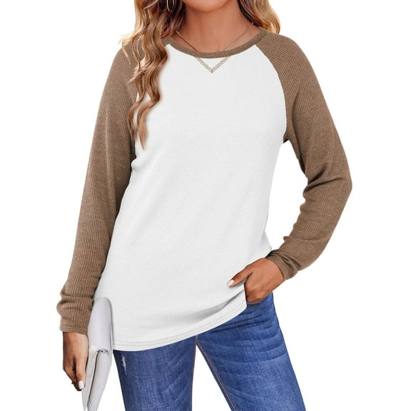 TEMOFON Womens Long Sleeve Shirts Casual Sweatshirts Color Block Fall Trendy Crewneck Waffle Tops Raglan Cute Sweatshirt L