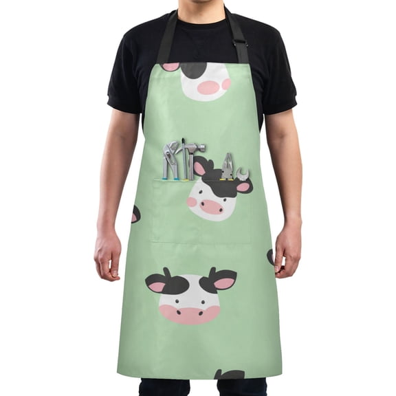 Cute Cow Faces on Green Chef Kitchen Apron with Pockets for Women Waterproof Aprons for Cooking Baking