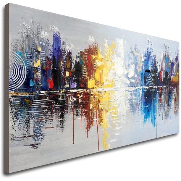 Hand Painted Cityscape Modern Oil Painting On Canvas Reflection Abstract Wall Art Decor 48 X 24 Inch Walmart Com Walmart Com