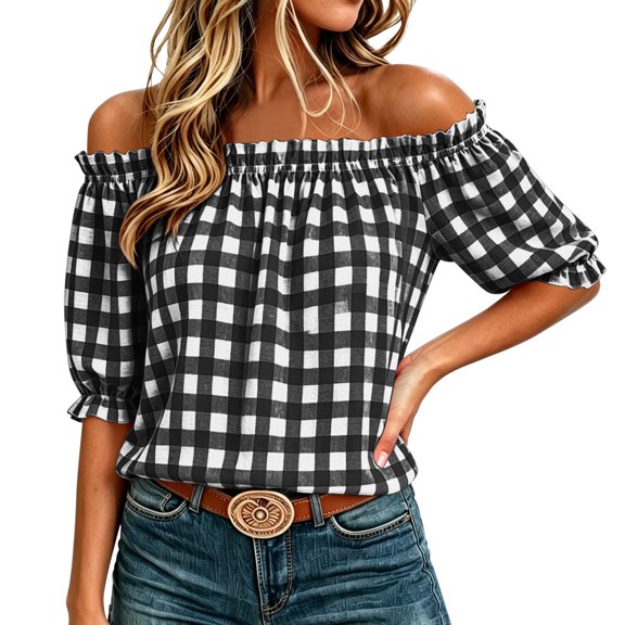 Setooff Womens Shirts, Gingham Off Shoulder Bubble Sleeve Shirts for Women, Elastic Ruffle Neck Loose Casual Summer Blouse