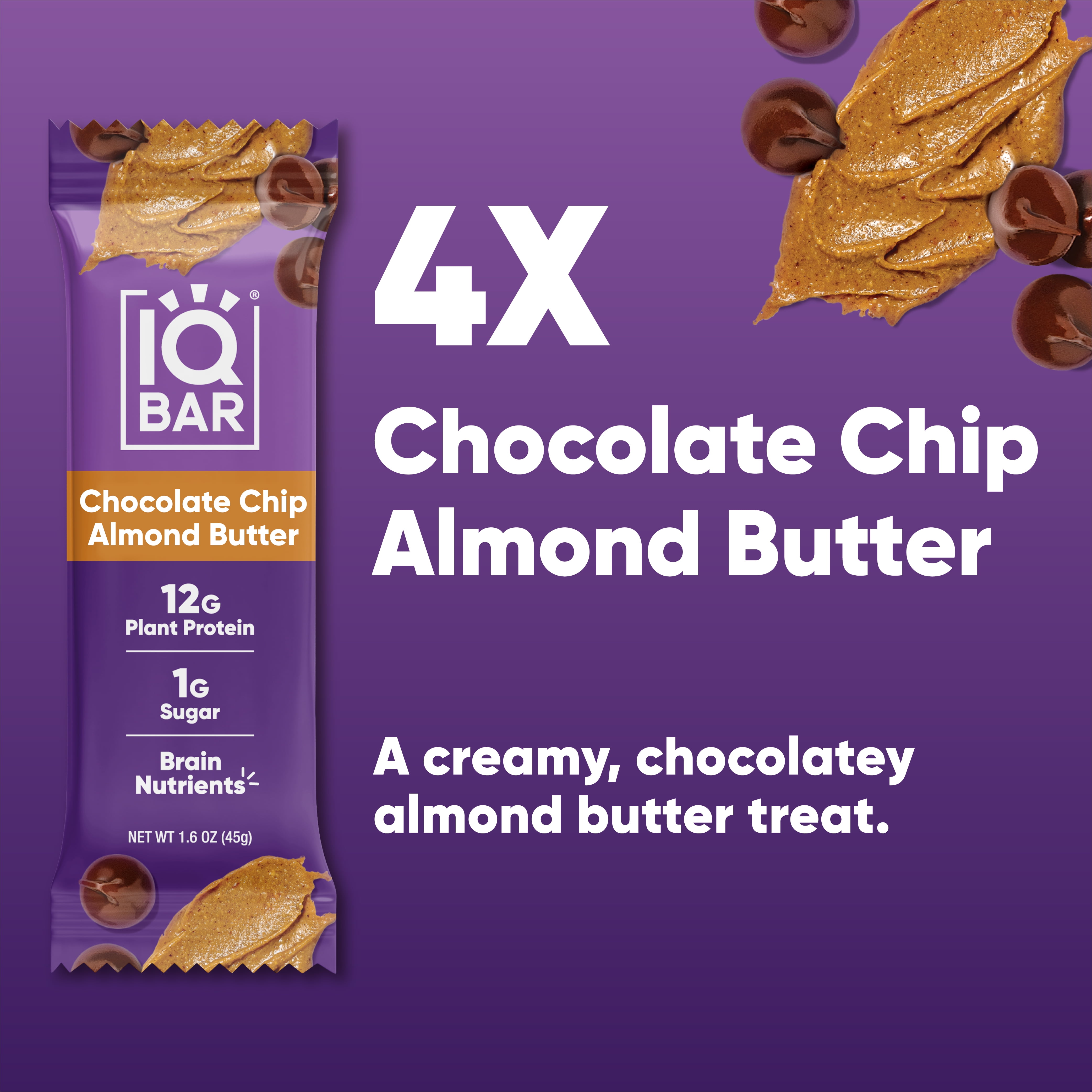 (2 pack) IQBAR Chocolate Chip Almond Butter Protein Bars - Vegan Energy Bars - High-Fiber Vegan Snacks - 4 Count Box