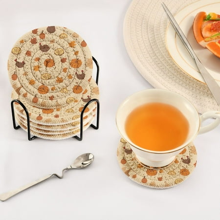 

Thanksgiving Autumn Theme Set of 6 Durable Woven Polyester Coasters with Black Storage Rack 4in