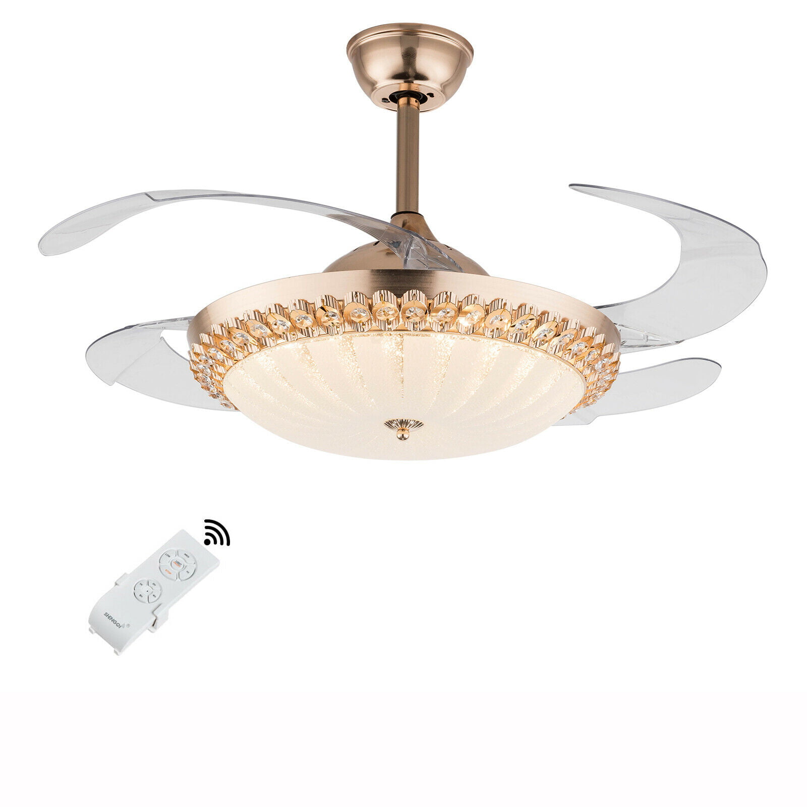 42"Gold Crystal Ceiling Fan Light LED Chandelier Remote Control Invisible Blades 