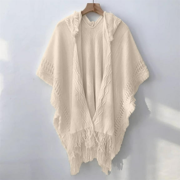 Women's 2025 Fall Winter Knitted Hooded Cape Poncho, Bohemian Style Fringed Crochet Warm Shawl, Soft Hooded Cloak for Cold Weather, One Size Fits Most Outerwear for Holiday Season White