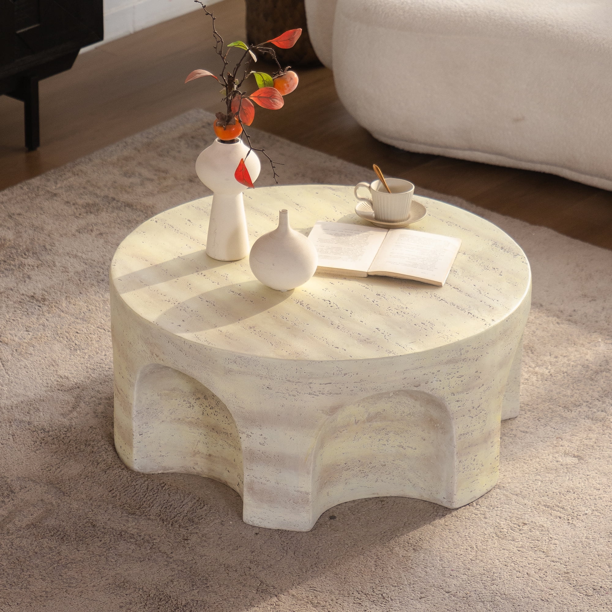 Leumius Modern Minimalist Round Accent Coffee Table with Unique Arched Cutout Base, No Assembly Required, Sturdy Structure for Living Room, Bedroom and Outdoor Home Decor